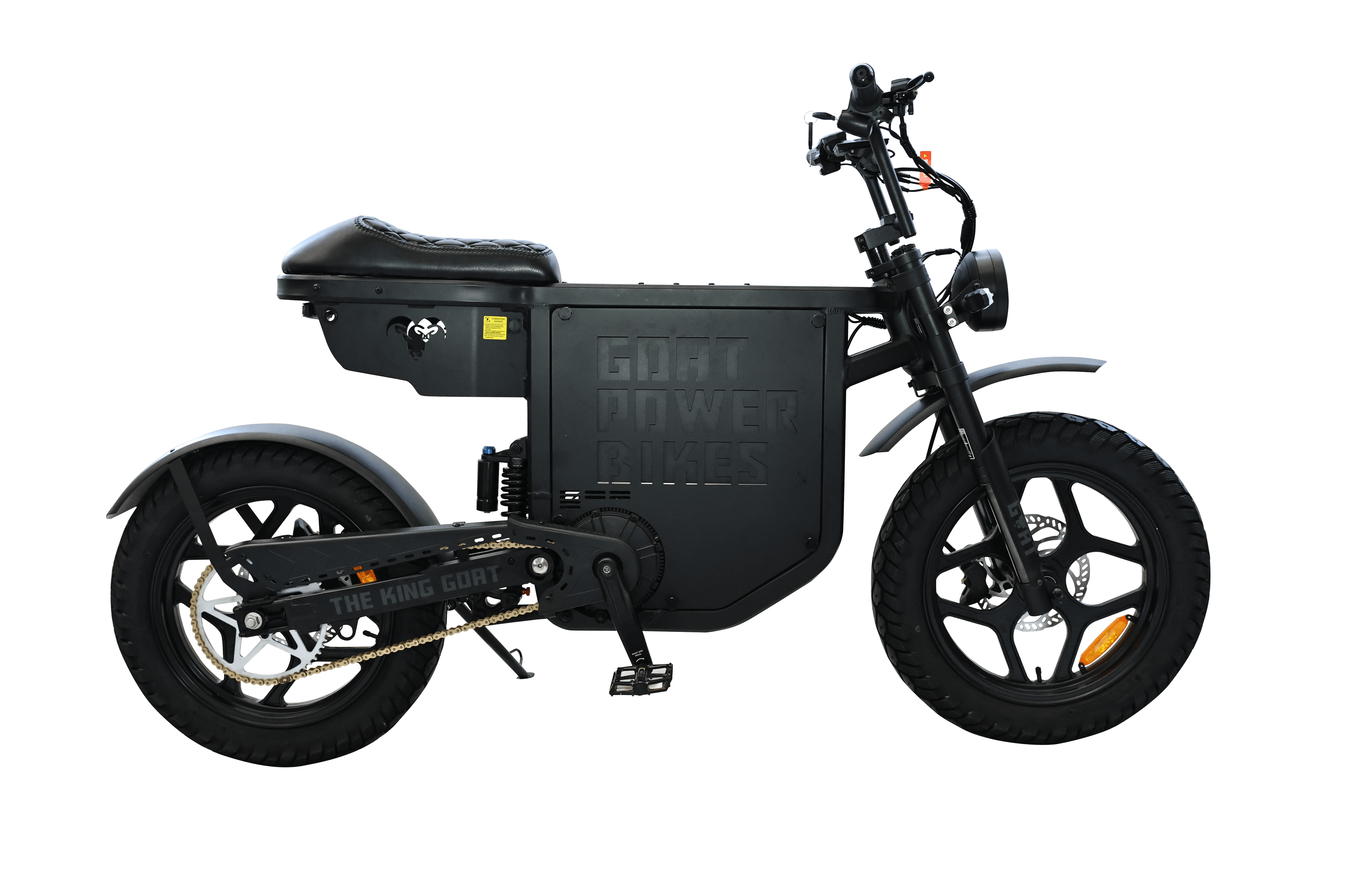 Black electric bike with 'Goat Power Bikes' branding on a white background