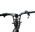 Close-up of a bicycle handlebar with various components on a white background