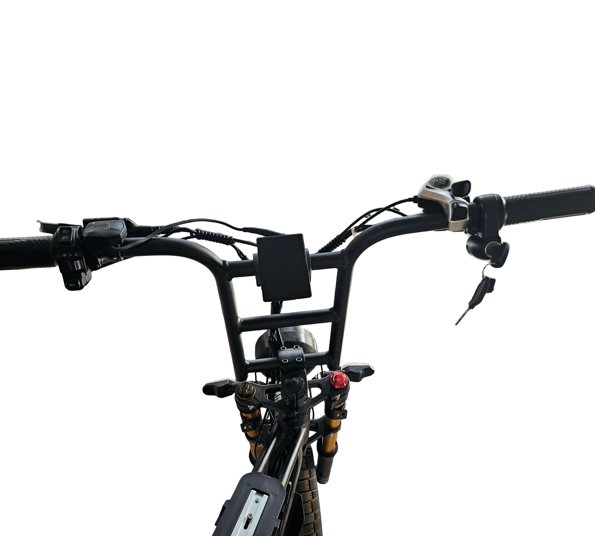 Close-up of a bicycle handlebar with various components on a white background