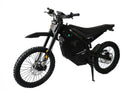 Black electric dirt bike with large off-road tires, a sleek design, and a visible battery pack.