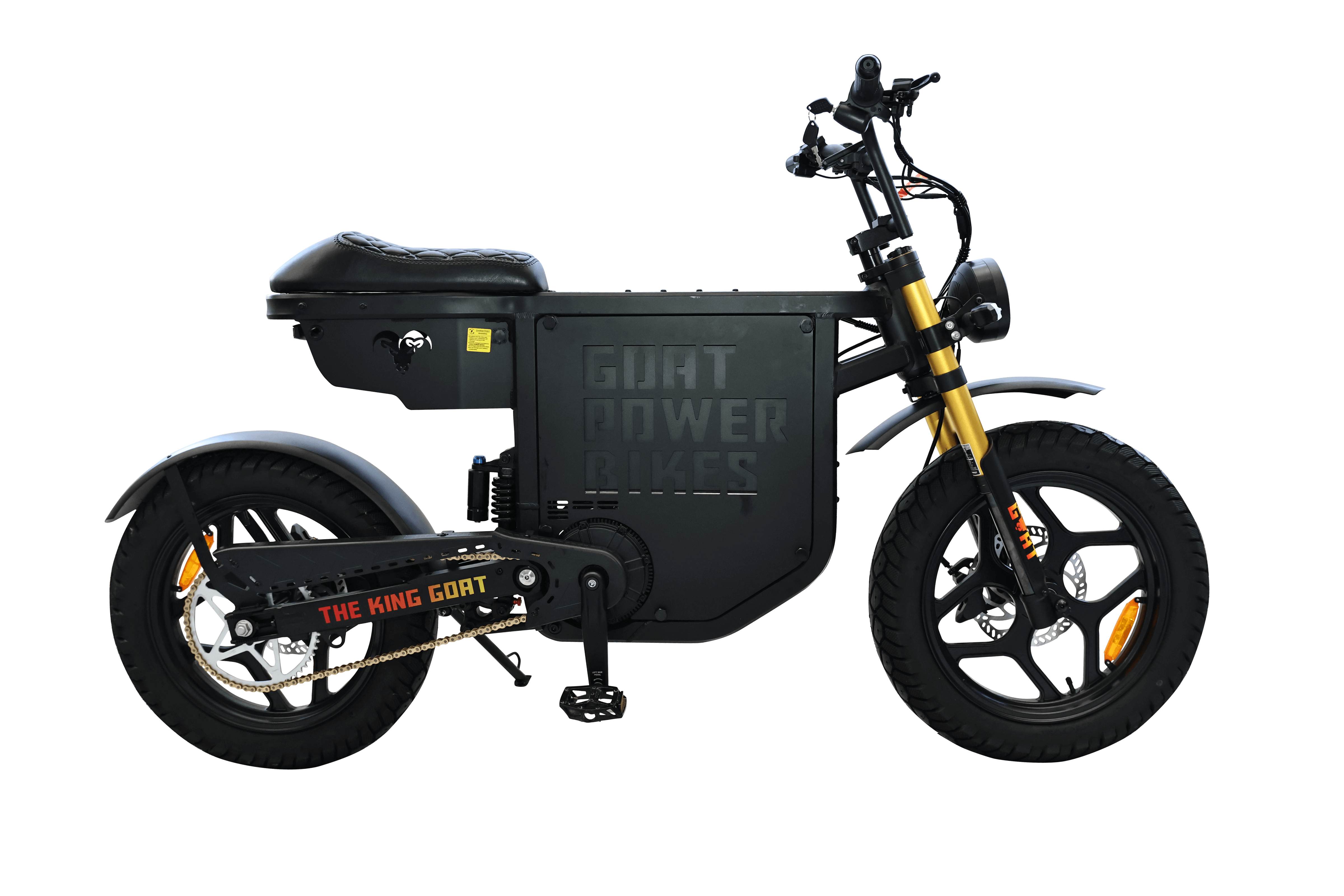 Black electric bike with visible branding on a white background