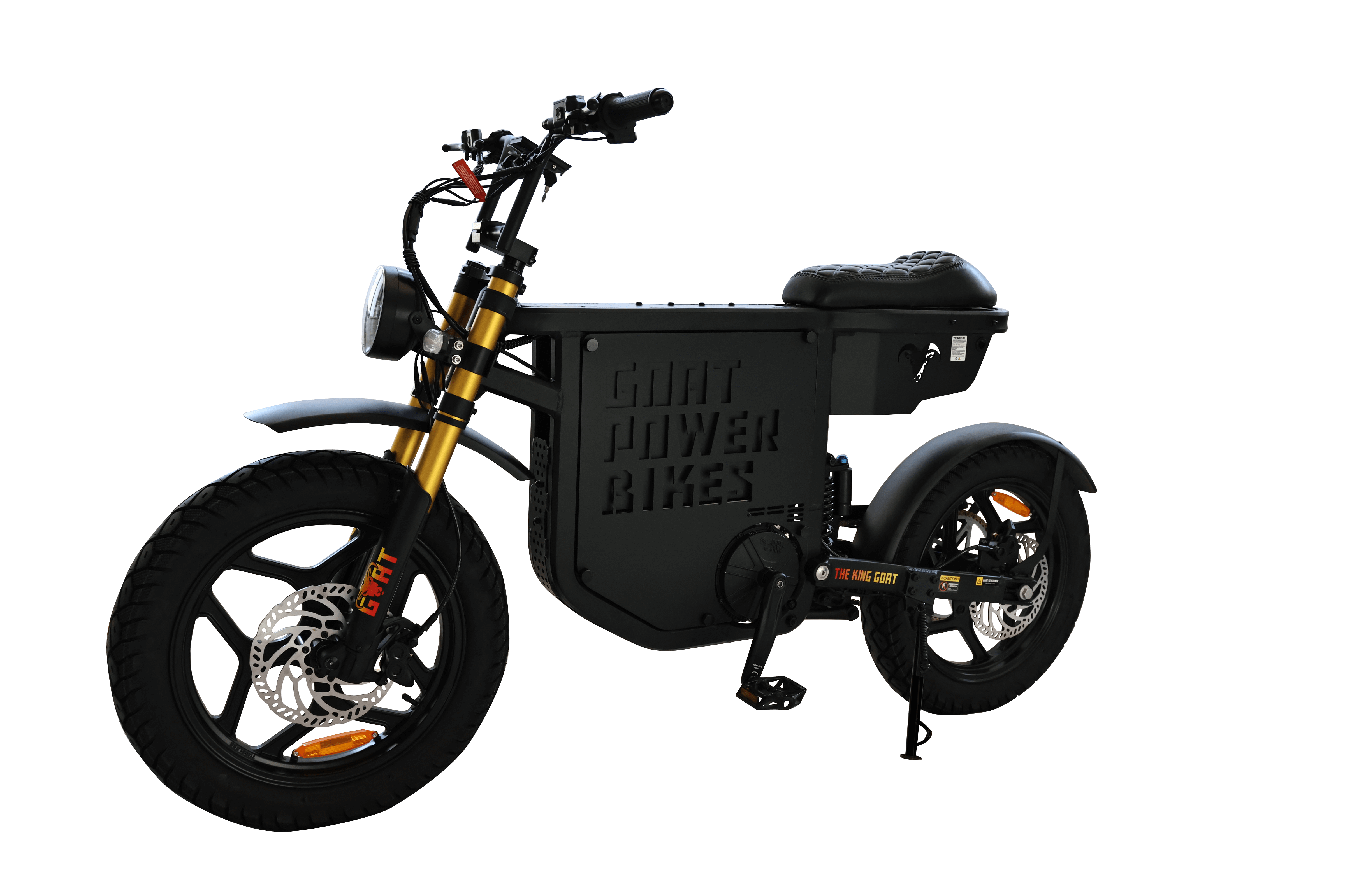 Black electric bike with 'Goat Power Bikes' branding on a white background