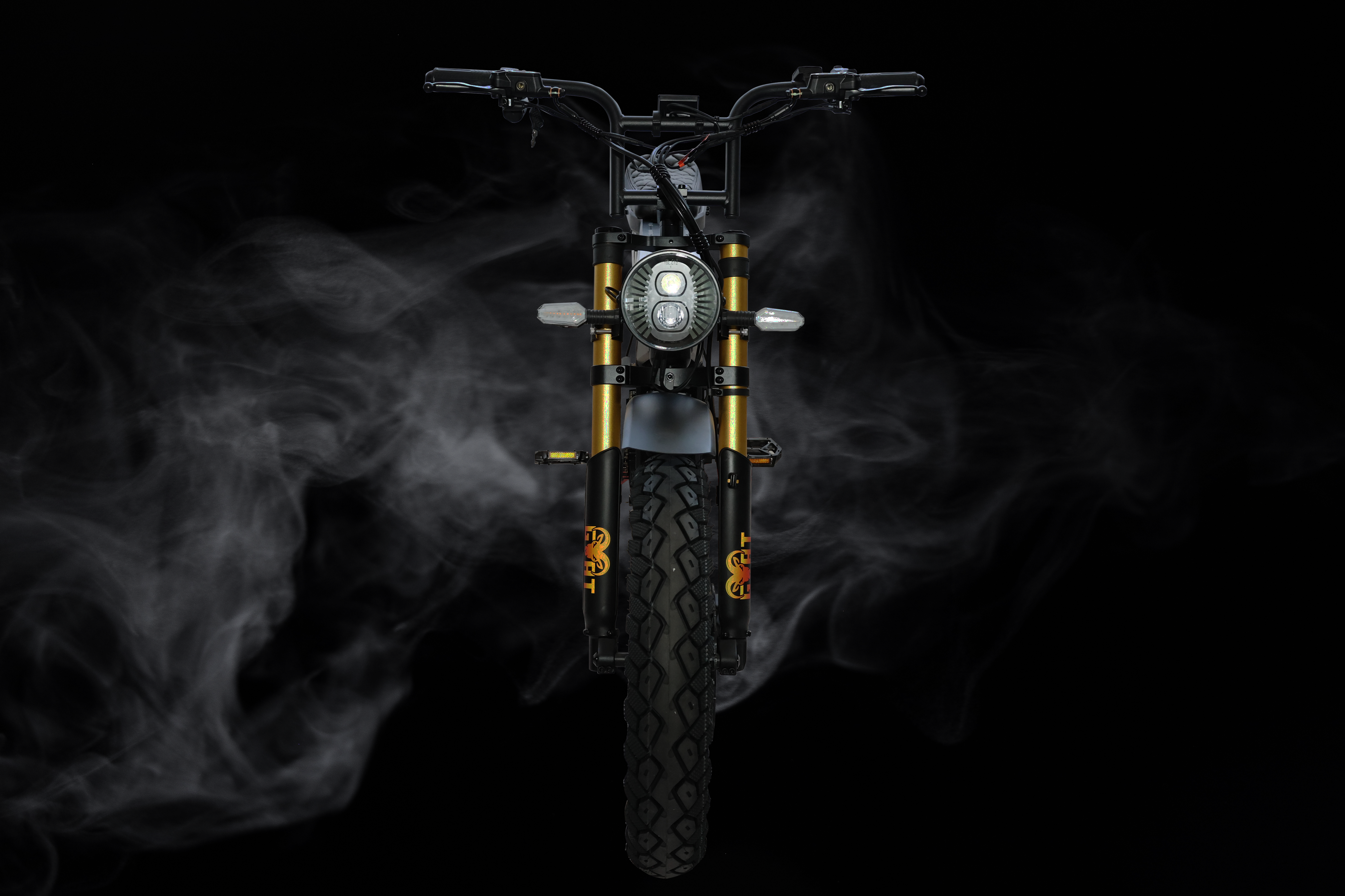 Electric bike with a dark background and smoke effects