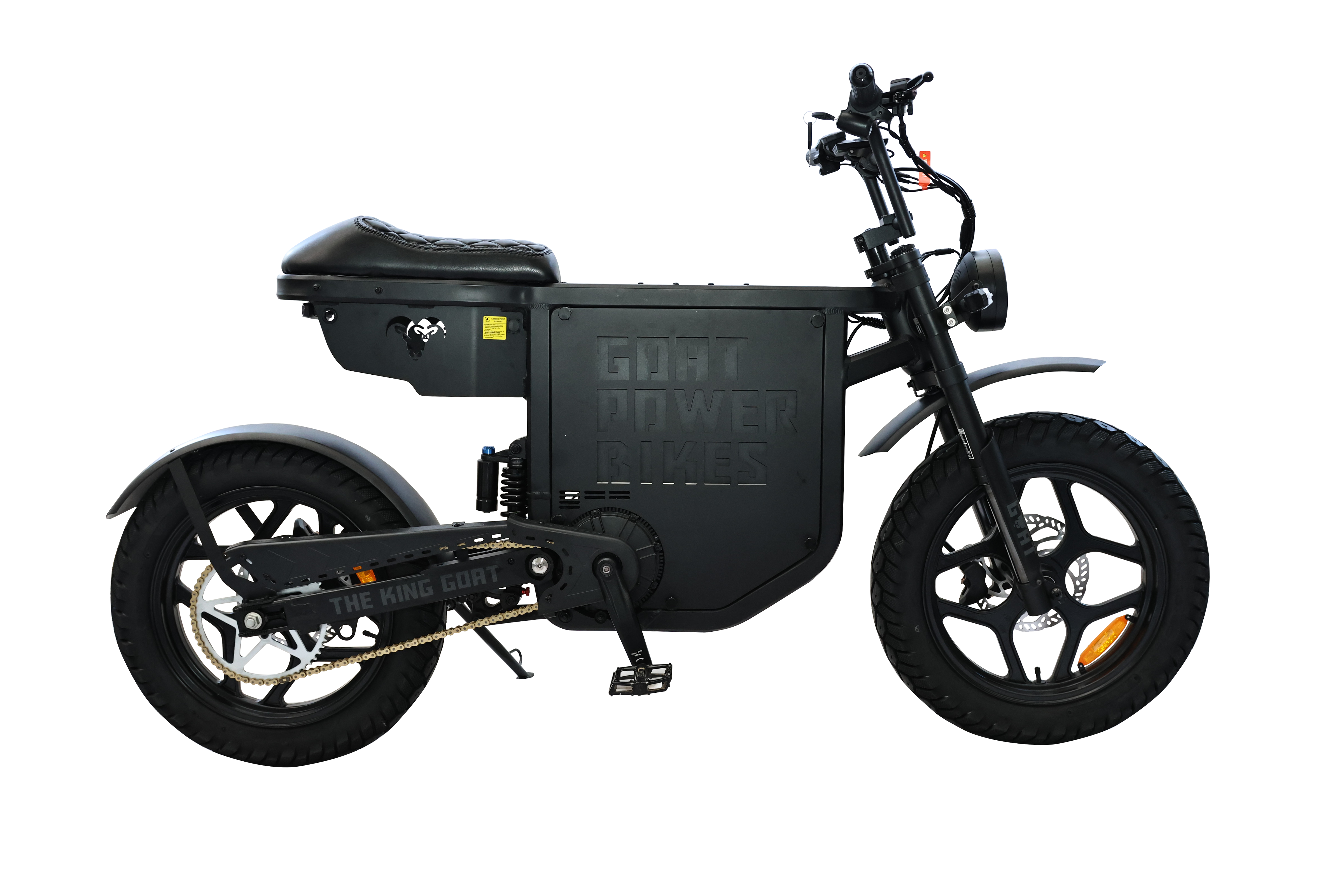 Black electric bike with 'Goat Power Bikes' branding on a white background
