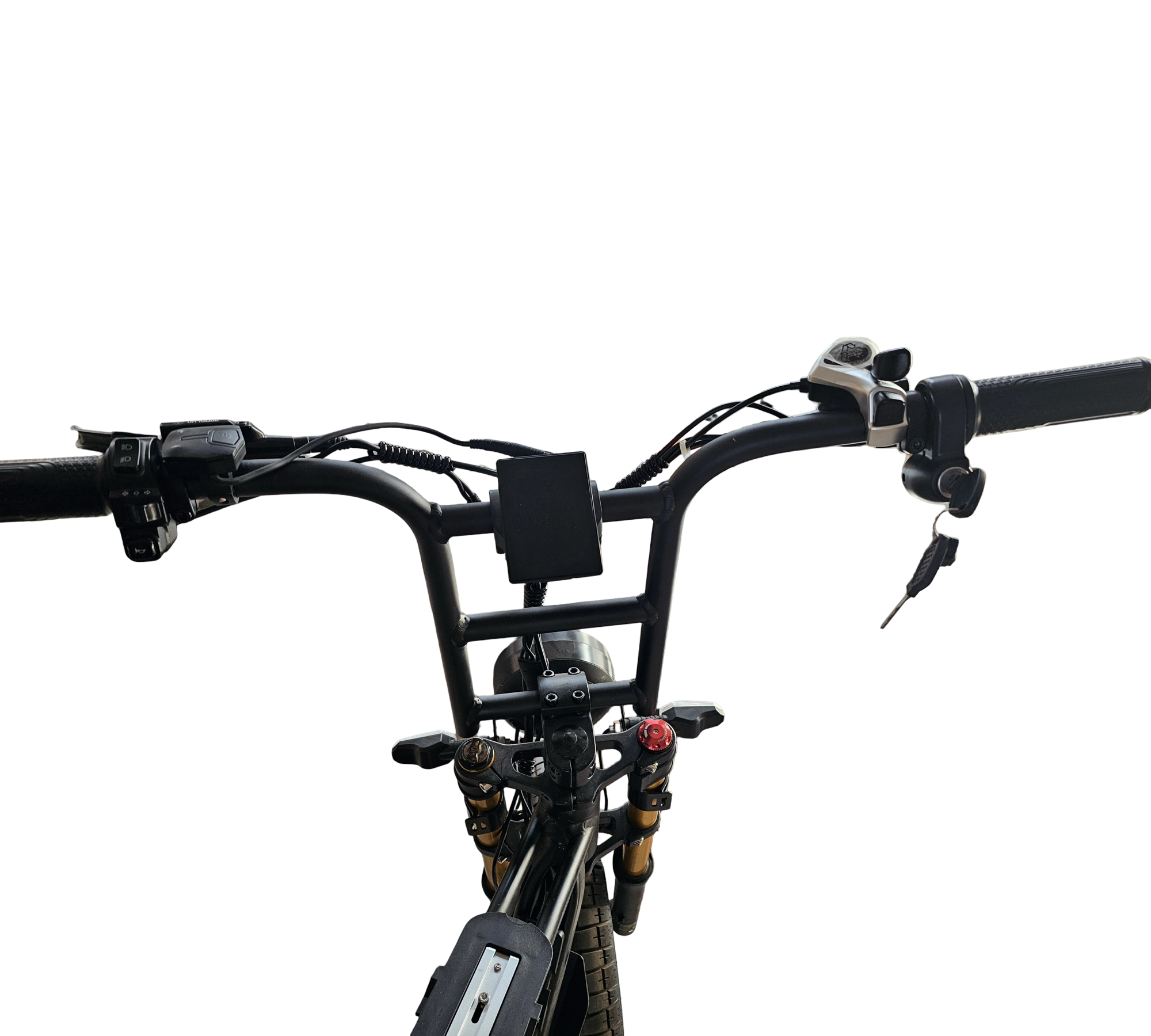 Close-up of a bicycle handlebar with various components on a white background