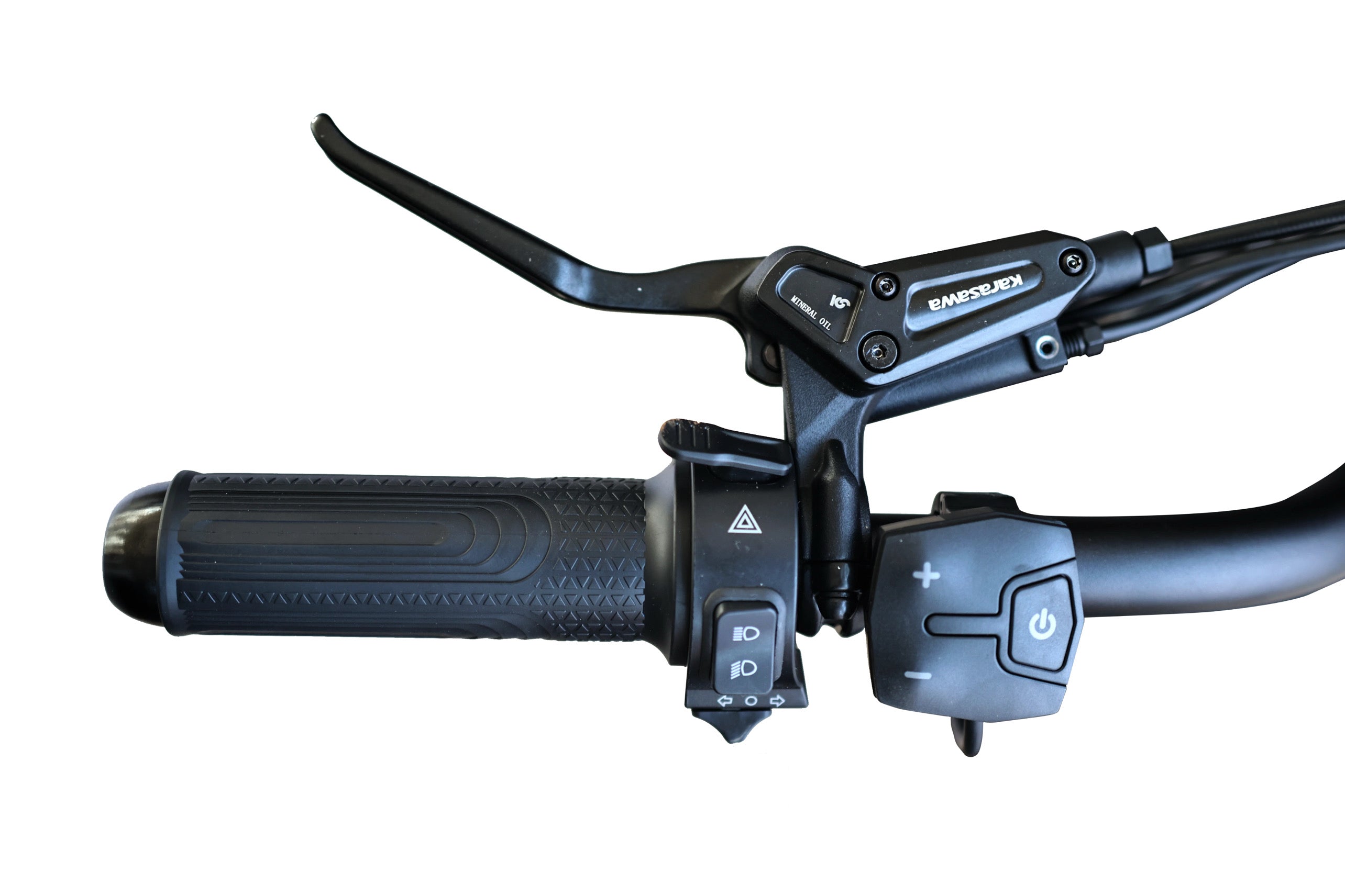 Close-up of a electric bike handlebar with control buttons on a white background