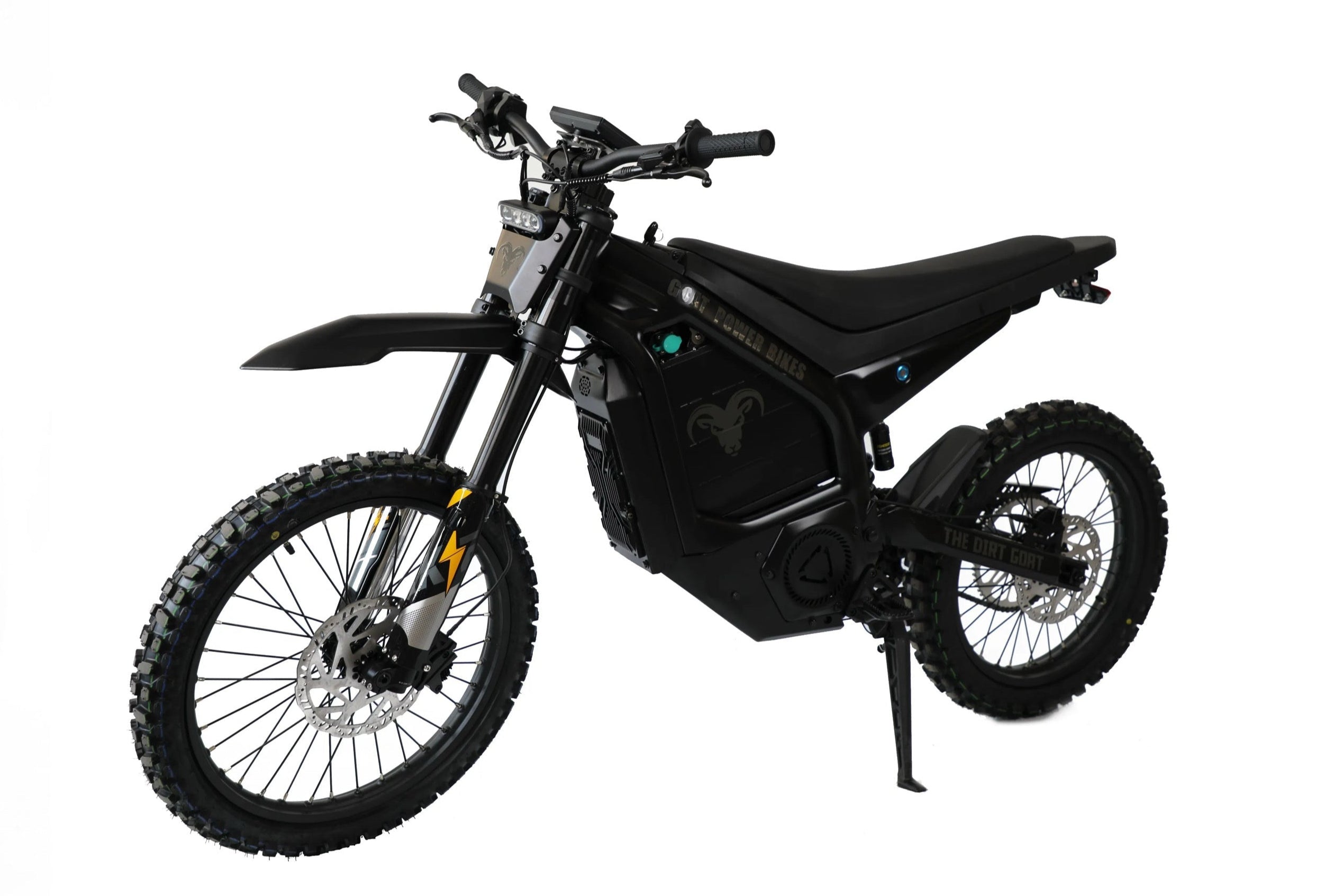 Black electric dirt bike with large off-road tires, a sleek design, and a visible battery pack.
