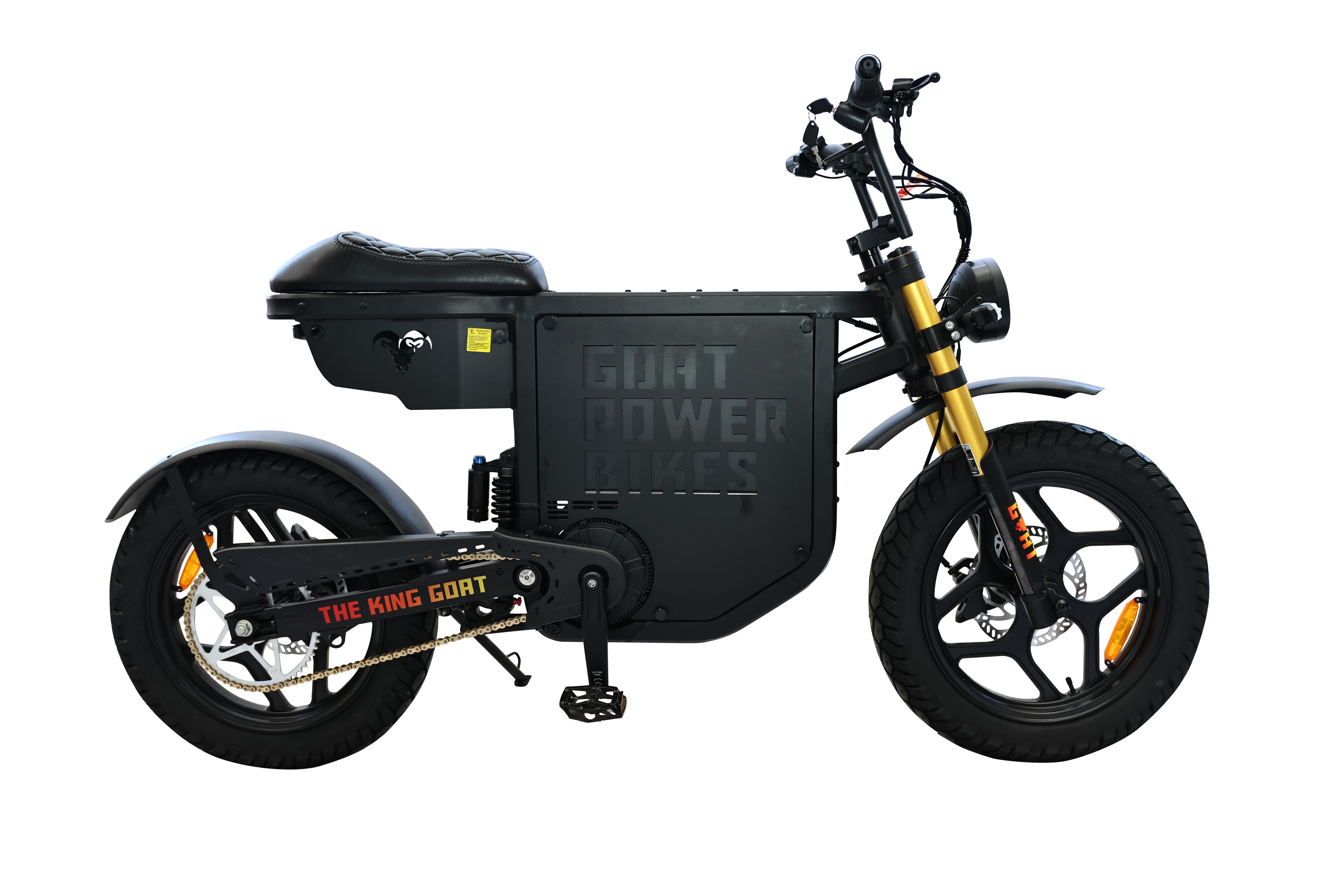 Black electric bike with visible branding on a white background