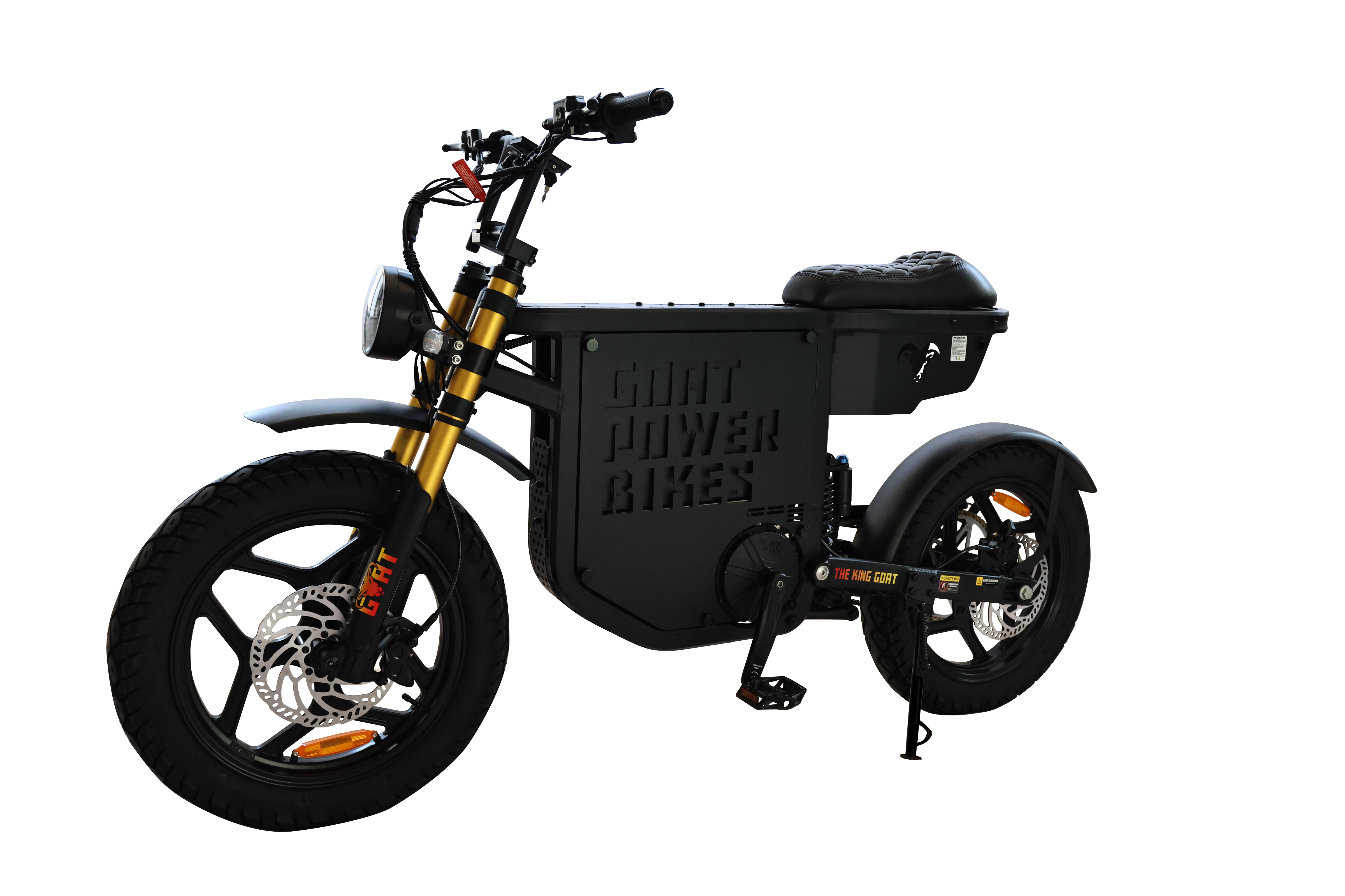 Black electric bike with 'Goat Power Bikes' branding on a white background