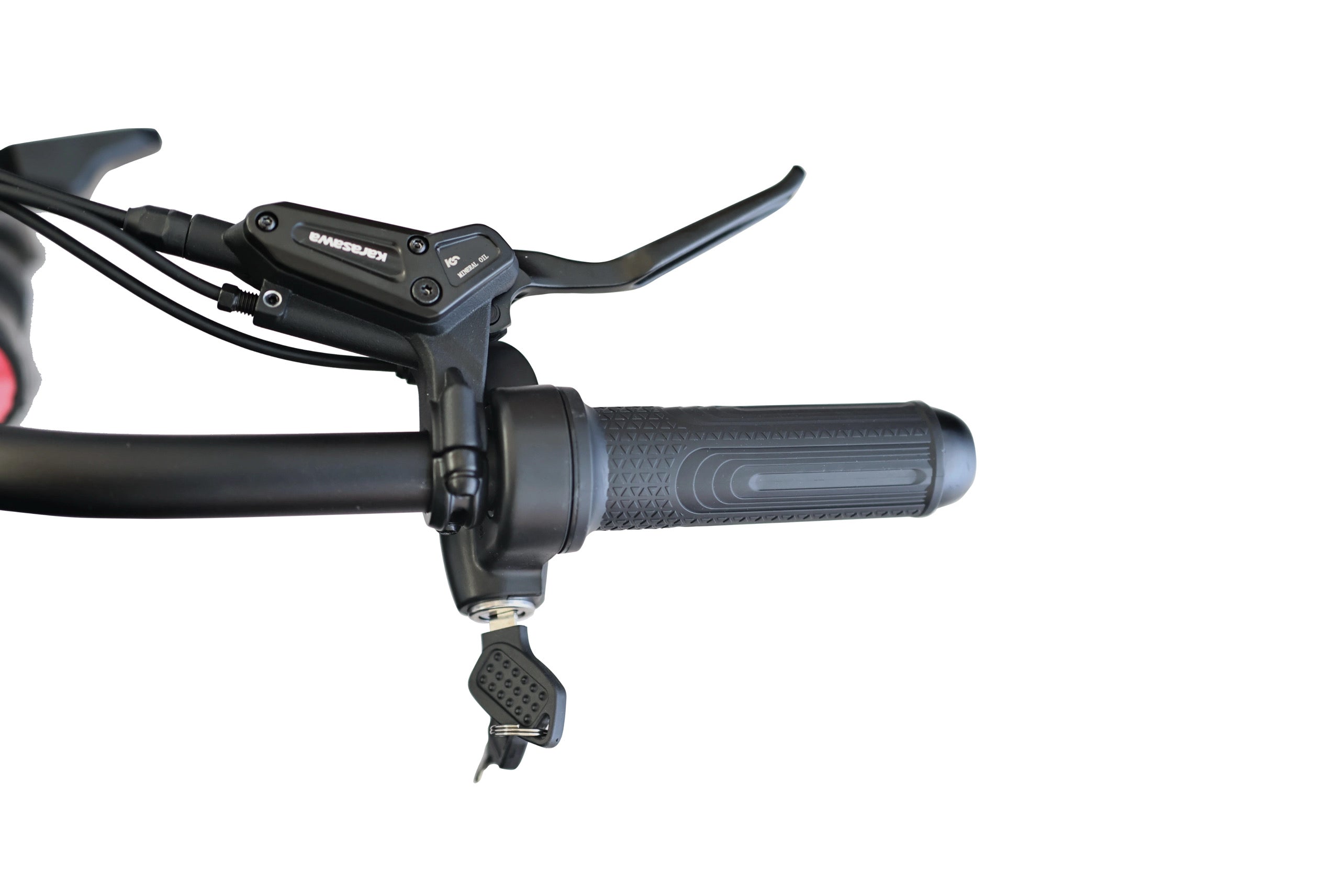 Close-up of a bicycle handlebar with Shimano components on a white background