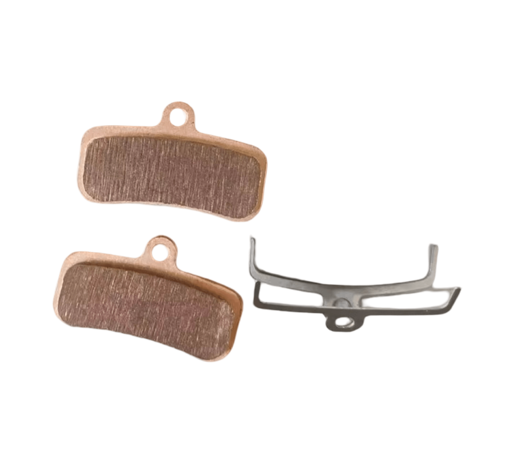 Two brake pads with a metal bracket on a white background