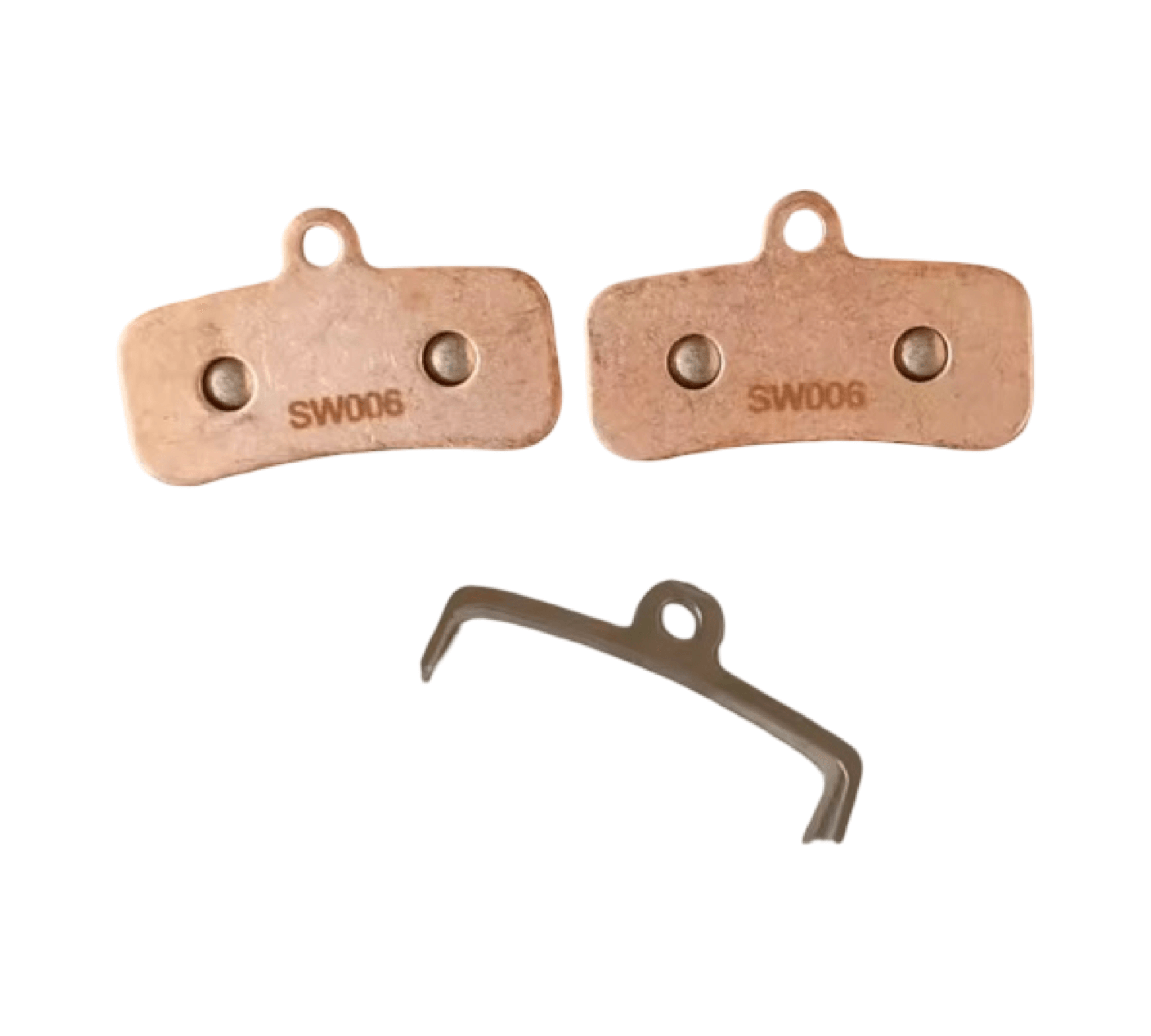 Two brake pads with a small metal bracket