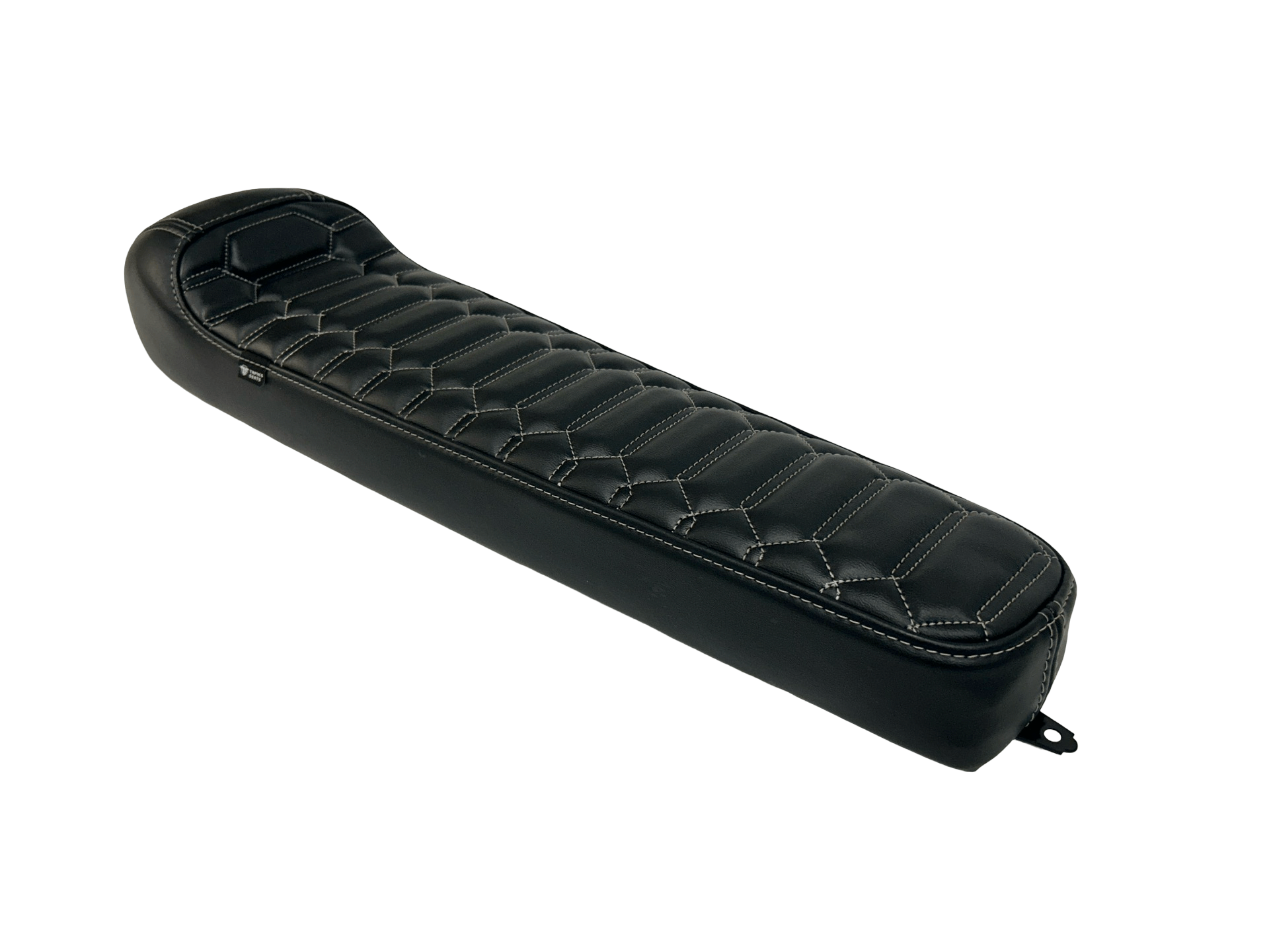 Black quilted leather electric bike seat on a white background