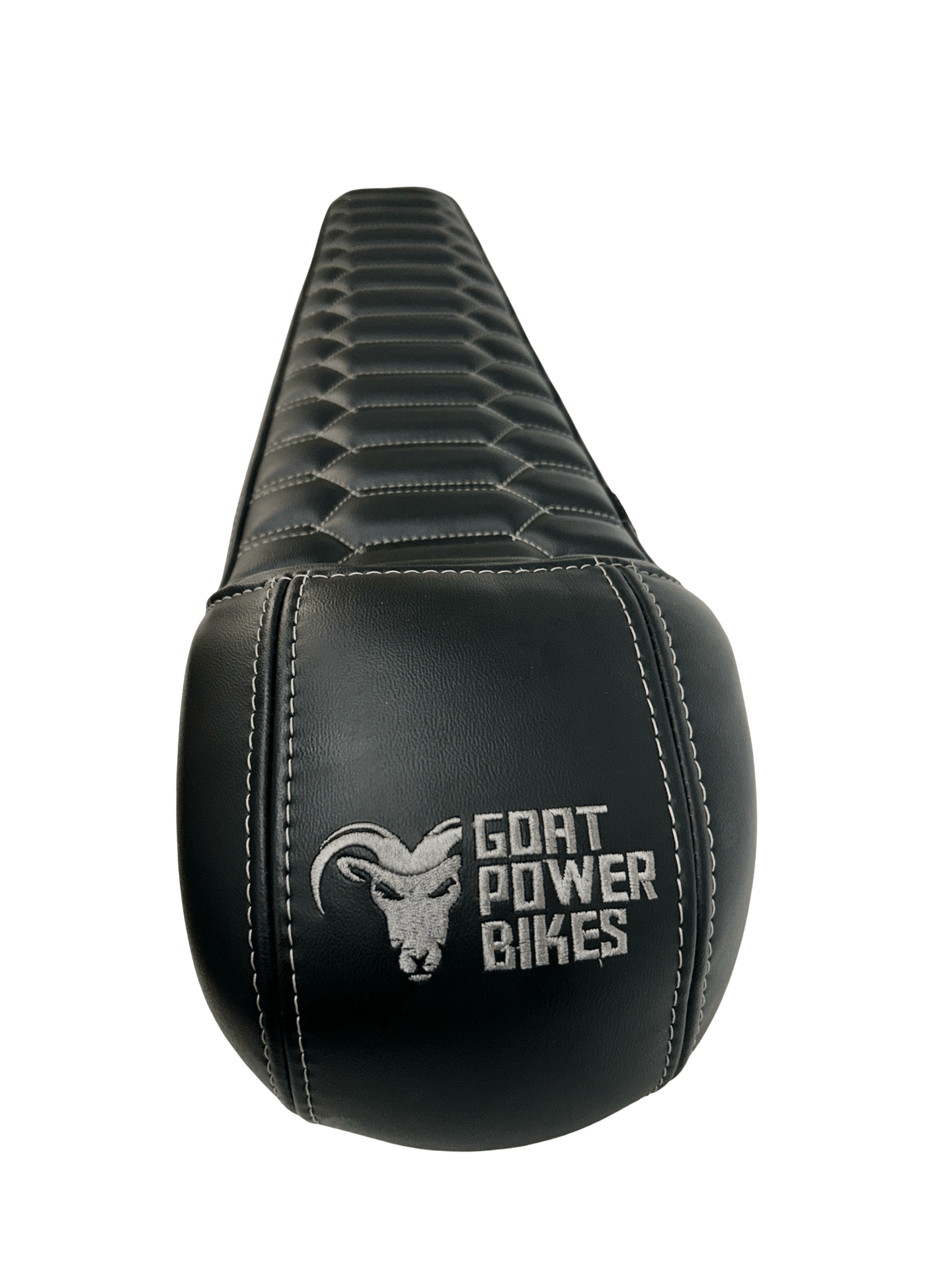 Black electric bike seat with 'Goat Power Bikes' logo on a white background